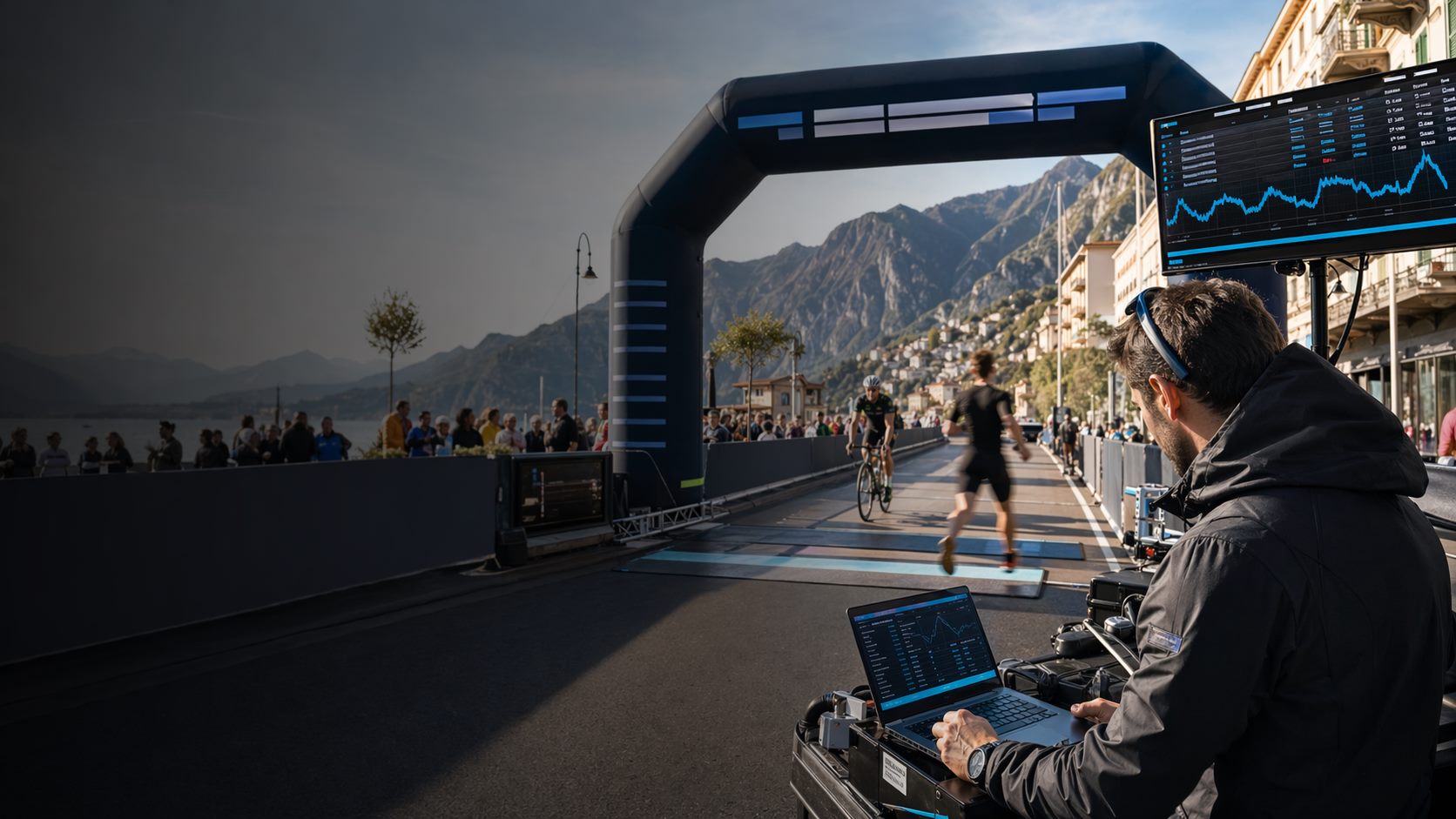 Professionelle Zeitnehmung im Zielbereich eines Sportevents